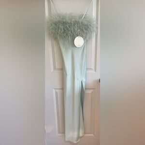 Spaghetti Strap with Feather-Trim Midi Dress in Light Mint